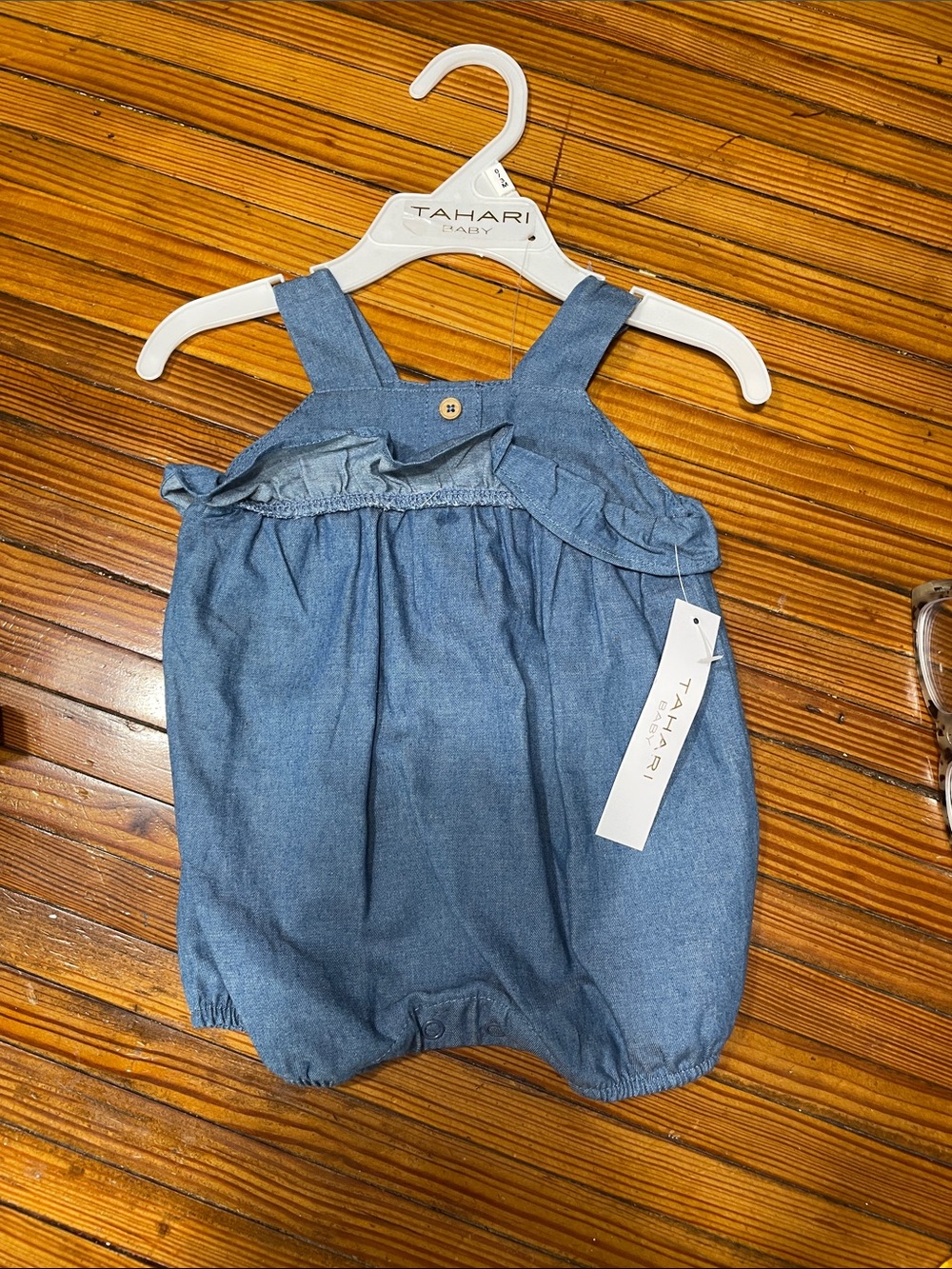 Tahari Blue Denim Baby Romper with Ruffle Bib